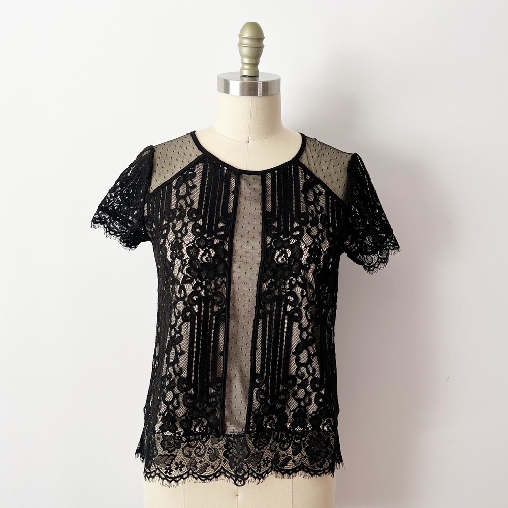 Express Lace Mesh‎ Blouse Black Short Sleeve Sheer Polka Dot Panel Top S